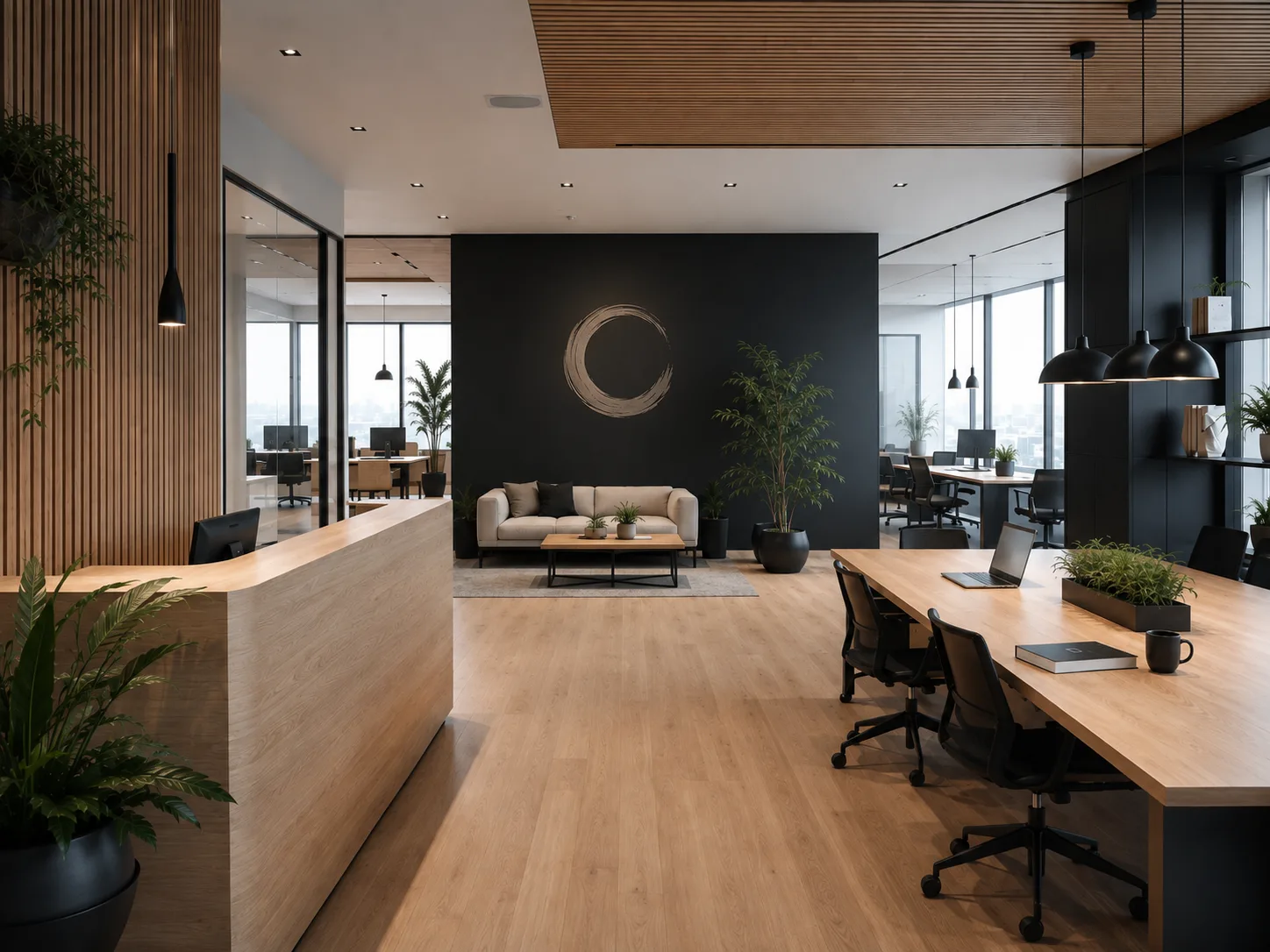 Bureaux modernes en bois clair et noir ; sur le mur sombre du salon d’accueil, un cercle tracé au pinceau.