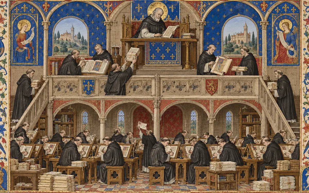 Enluminure d’un scriptorium sur deux étages, où des moines copient, se passent et rangent des manuscrits sous le regard d’un abbé qui lit au sommet.