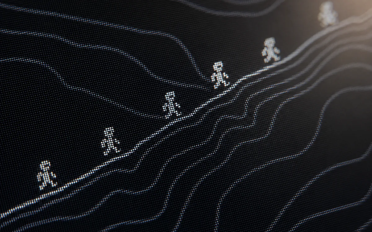 Des personnages en pixels gravissent une pente dessinée par des courbes de niveau lumineuses, sur fond sombre.